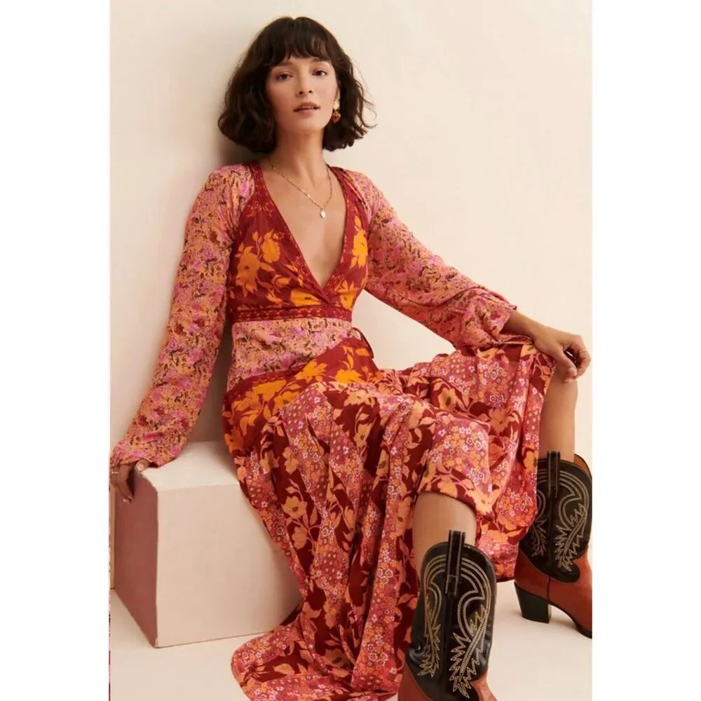 Free People Tilda Wrap Dress in Firebrick Floral Maxi Flowy Bell Sleeve Medium.